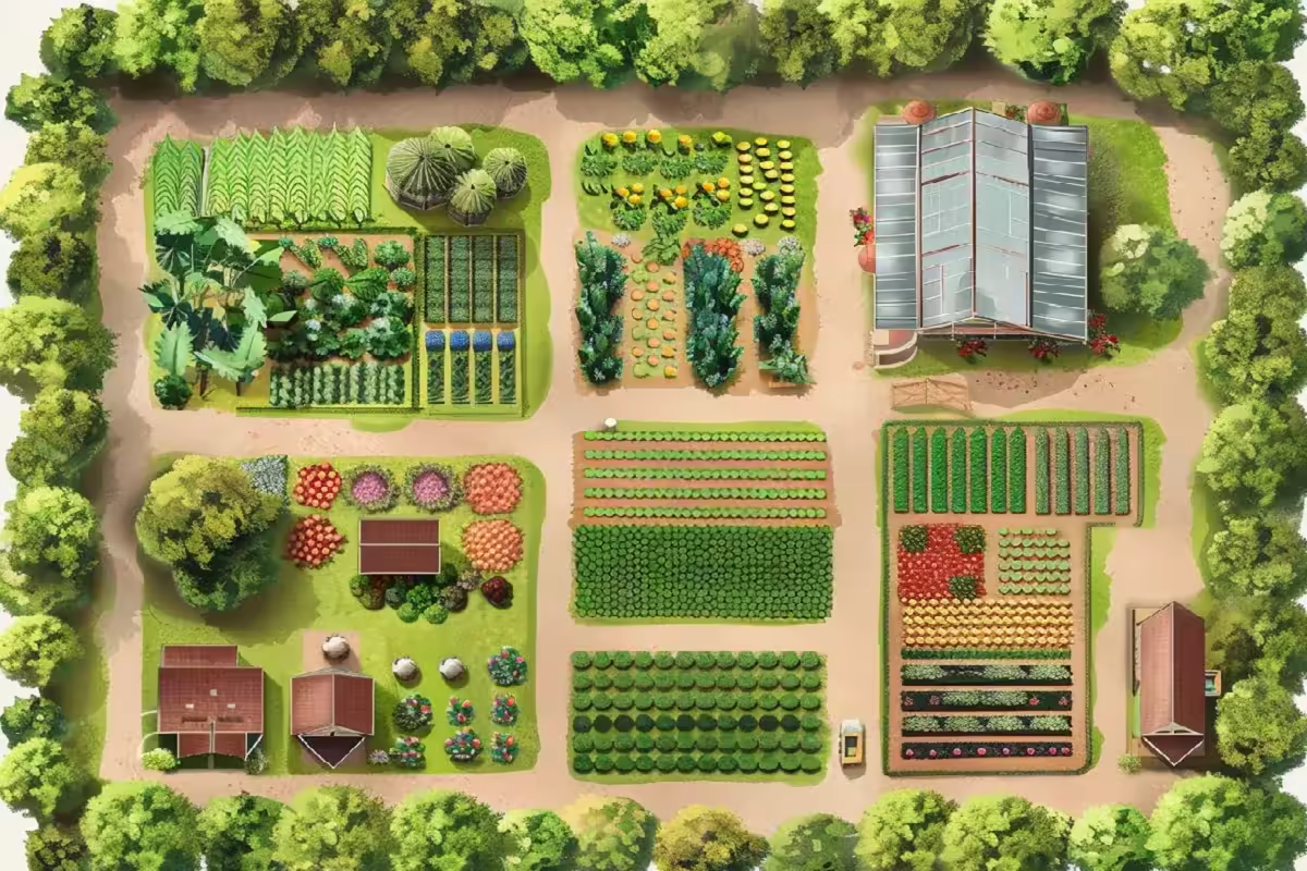 Aerial view of organized organic agricultural fields under inspection