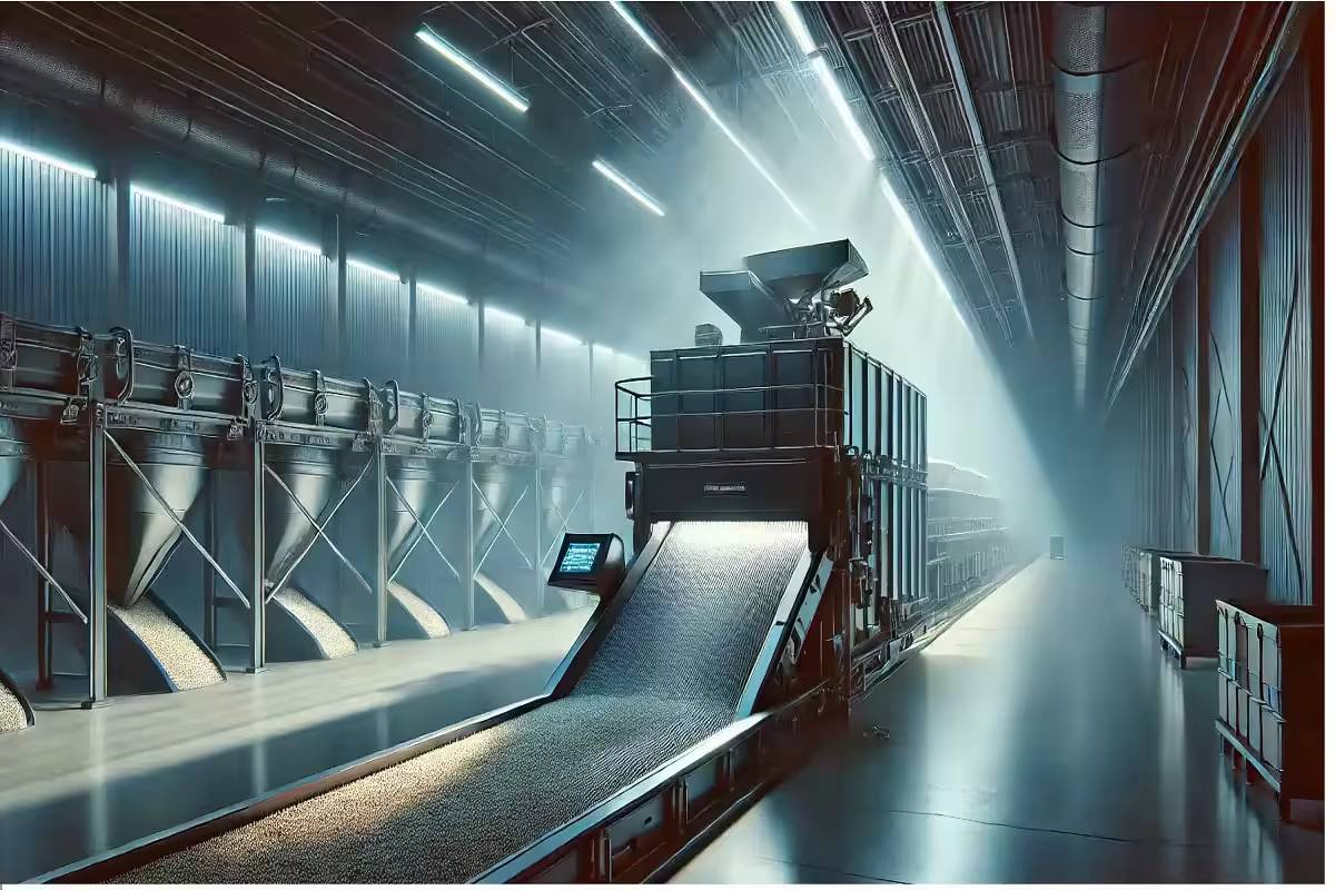 Worker inspecting grains and managing quality control at a processing facility