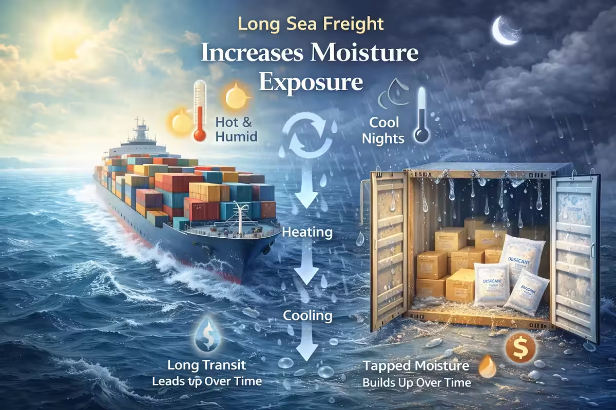 Diagram showing container logistics and moisture management inside a marine dry-van container.