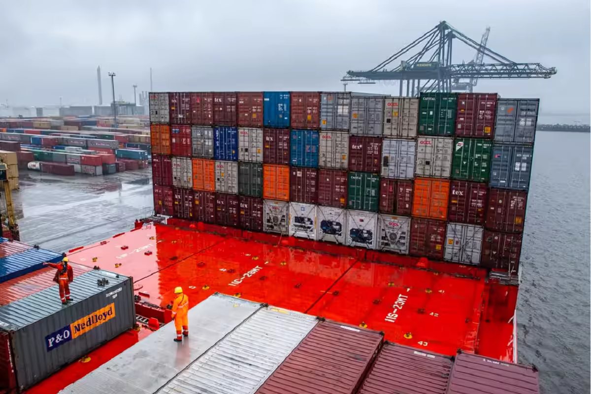 Logistics worker inspecting agricultural shipping containers at port